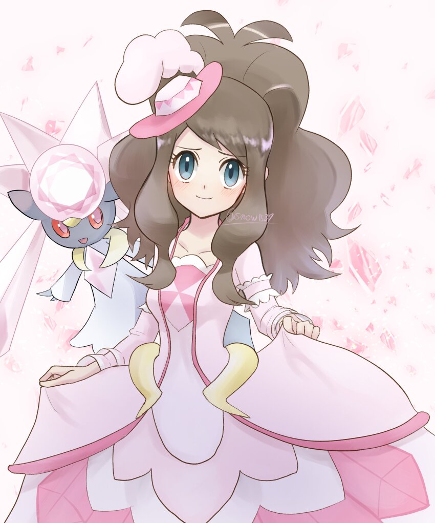 1girl absurdres blue_eyes brown_hair diancie dress eyelashes gen_6_pokemon hair_ornament high_ponytail highres hilda_(pokemon) hilda_(special_costume)_(pokemon) legendary_pokemon long_sleeves looking_at_viewer mythical_pokemon nintendo official_alternate_costume pink_dress pokemon pokemon_(creature) pokemon_masters_ex ponytail skirt_hold smile snow_(ffgf7255) twitter_username