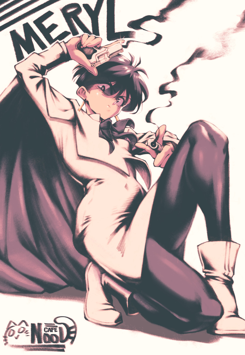 1girl absurdres artist_name black_eyes black_hair character_name commentary dual_wielding earrings english_commentary gun highres holding holding_gun holding_weapon jewelry meryl_stryfe noodlenood short_hair smoke smoke_trail solo trigun weapon