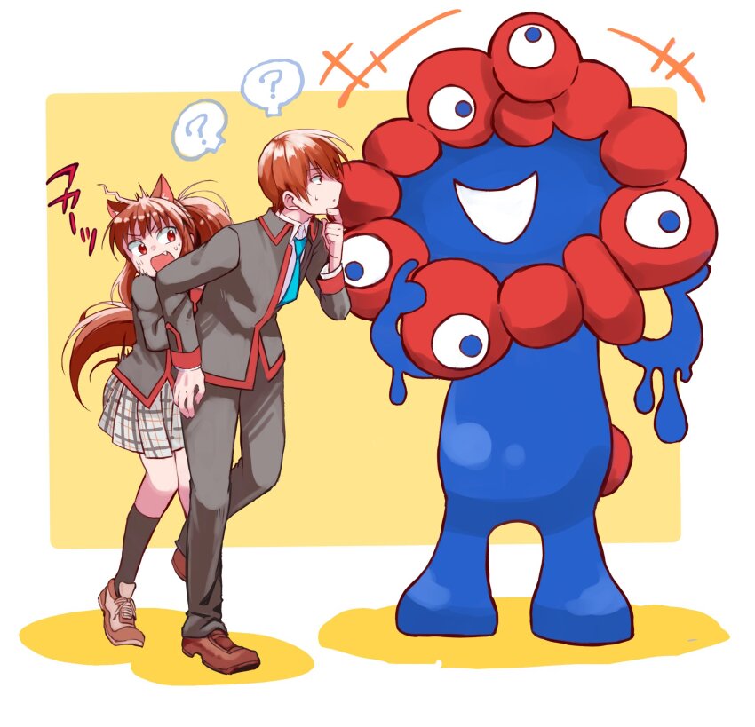 +++ 1boy 1girl 1other ? animal_ears black_jacket black_pants black_socks blue_necktie brother_and_sister brown_hair brown_shoes cat_ears collared_shirt commentary_request crossover expo2025 extra_eyes fang full_body grey_skirt hair_between_eyes hand_on_own_hip hand_up hiding hiding_behind_another highres hissing jacket kneehighs little_busters! little_busters!_school_uniform long_hair long_sleeves looking_at_another miniskirt myaku-myaku natsume_kyousuke natsume_rin necktie open_mouth pants plaid_clothes plaid_skirt pleated_skirt ponytail profile rakka red_eyes scared school_uniform shirt shoes short_hair siblings simple_background skirt socks sound_effects speech_bubble spoken_question_mark standing standing_on_one_leg sweatdrop two-tone_background white_background white_shirt yellow_background
