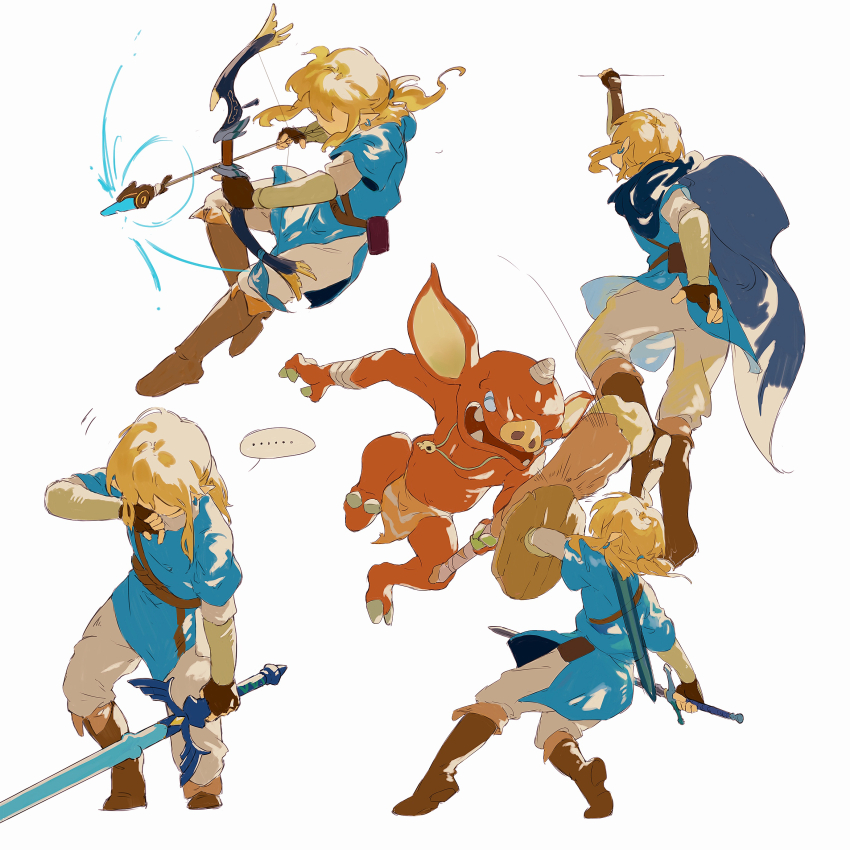 ... 1boy absurdres blonde_hair blue_tunic bokoblin boots bow_(weapon) brown_boots cape drawing_bow earrings fingerless_gloves gloves highres holding holding_bow_(weapon) holding_sword holding_weapon jewelry link male_focus multiple_views nintendo pants pointy_ears ricmoo3 shield sidelocks spoken_ellipsis sword the_legend_of_zelda the_legend_of_zelda:_breath_of_the_wild tunic weapon white_pants
