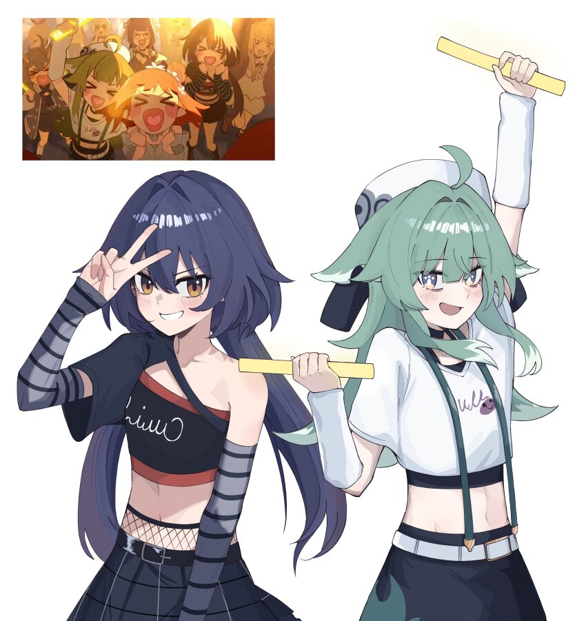 2girls :d absurdres ahoge arm_up belt black_belt black_hair black_skirt brown_eyes crop_top green_hair grin hand_up hat highres honkai:_star_rail honkai_(series) huohuo_(honkai:_star_rail) huohuo_(on_the_journey)_(honkai:_star_rail) long_hair long_sleeves looking_at_viewer midriff multiple_girls open_mouth pianobat shirt simple_background single_bare_shoulder skirt smile v very_long_hair white_background white_belt white_hat white_shirt yunli_(honkai:_star_rail) yunli_(on_the_journey)_(honkai:_star_rail)