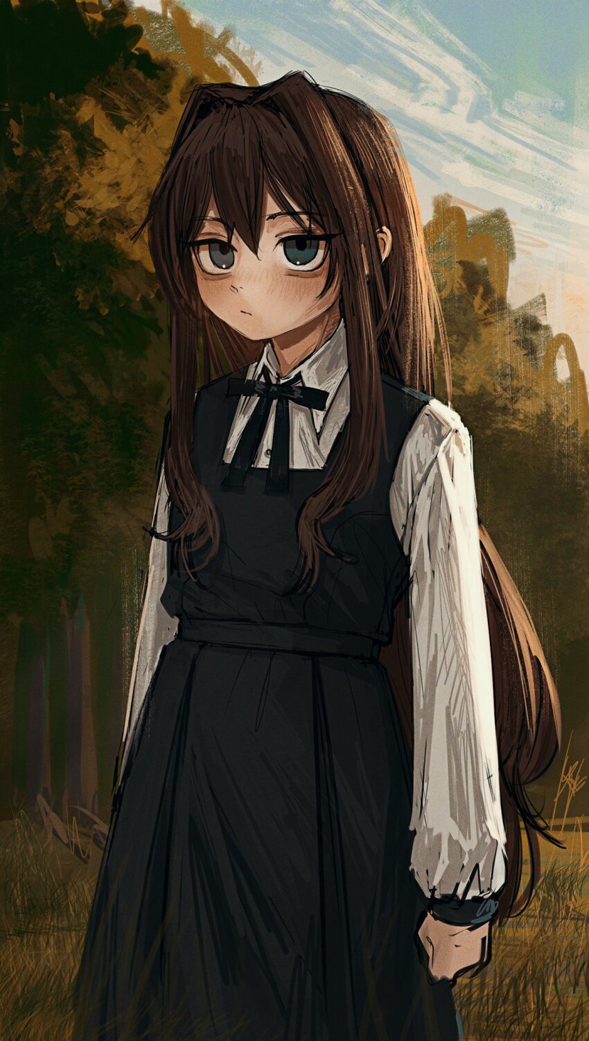 1girl :/ borrowed_character brown_hair dress elisia_valfelto expressionless green_eyes hair_intakes highres inai_the_maid long_hair original outdoors sketch solo twilight