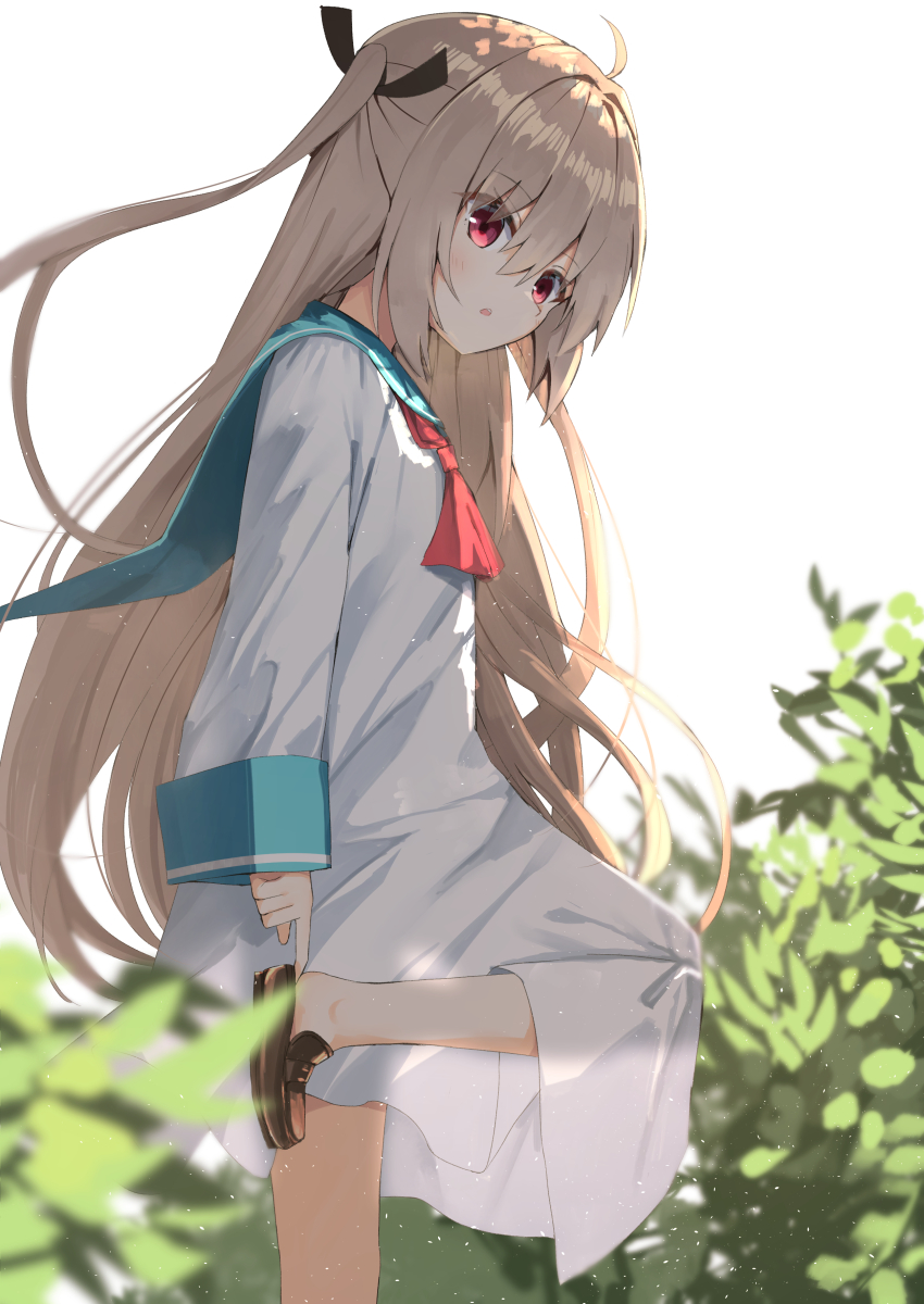 1girl absurdres ahoge ascot atri atri-my_dear_moments- black_ribbon black_shoes commentary dress eyes_visible_through_hair hair_between_eyes hair_ribbon highres light_blush long_hair nodoameyatou open_mouth red_ascot red_eyes ribbon sailor_collar sailor_dress shoes simple_background solo very_long_hair white_sailor_collar