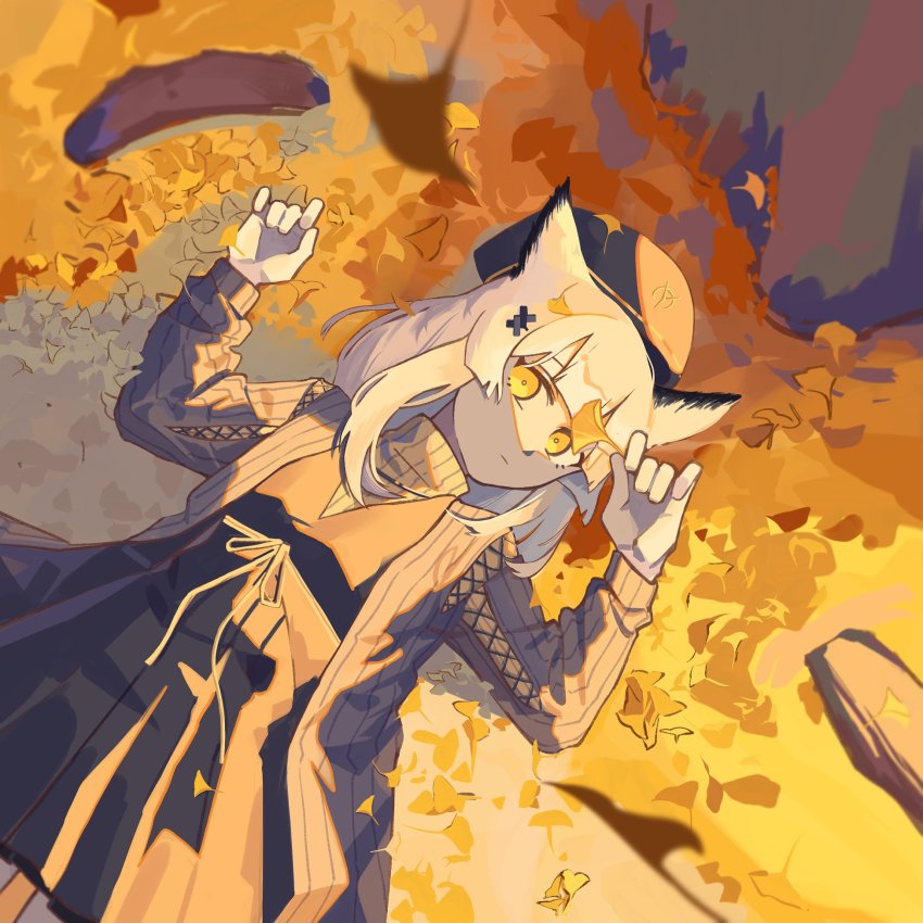 1girl arknights autumn black_dress black_hat brown_coat coat commentary cowboy_shot dress dutch_angle flower from_above ginkgo_leaf hair_ornament hat highres holding holding_flower leaf long_hair looking_at_viewer lying official_alternate_costume on_back on_ground open_clothes open_coat outdoors owl_ears ptilopsis_(arknights) ptilopsis_(serenity)_(arknights) sidelocks solo symbol-only_commentary white_hair yellow_eyes yellow_flower zy_(zyyyyyyy9)