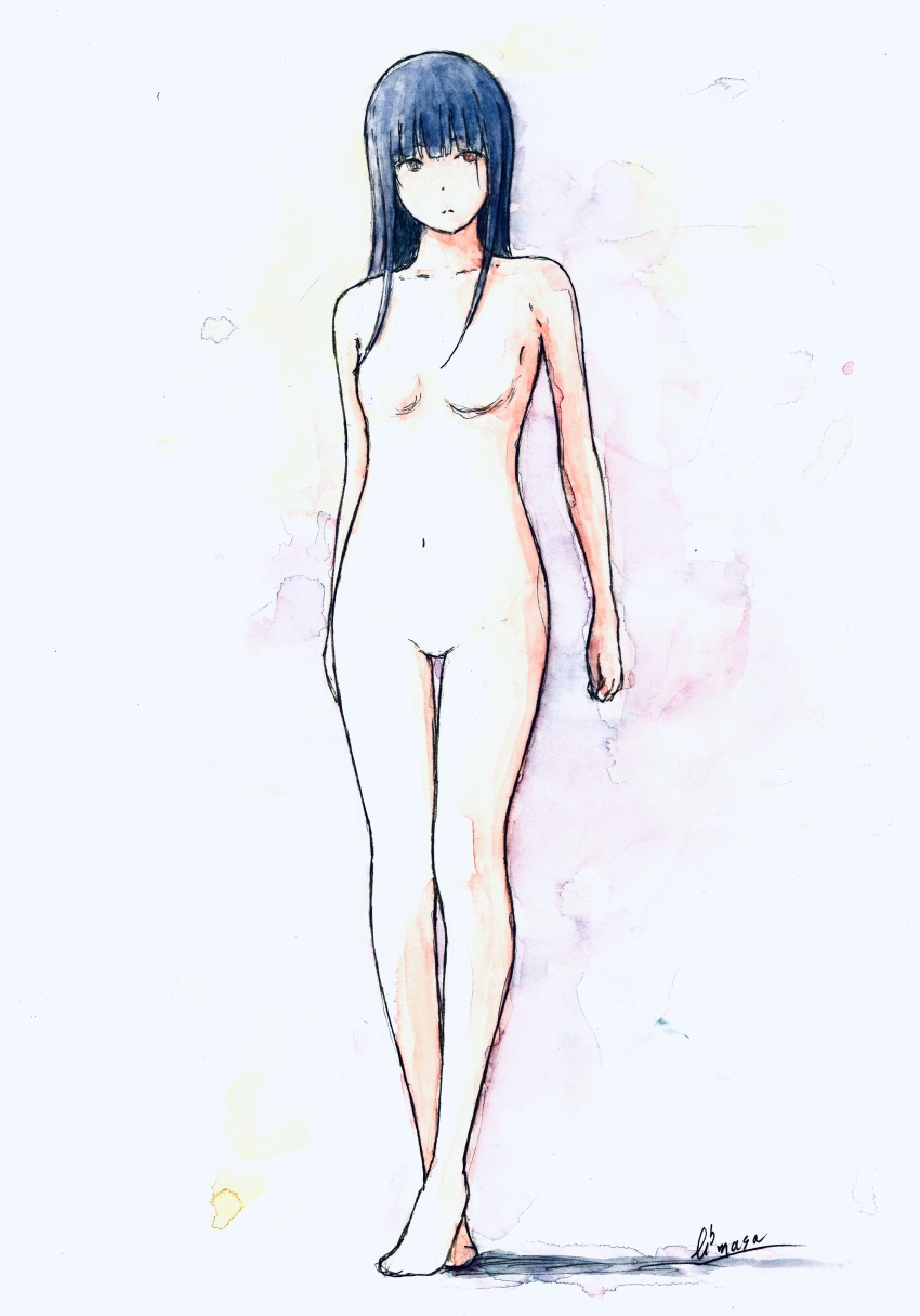 1girl absurdres barefoot bbmasa black_hair blue_background blunt_bangs breasts closed_mouth collarbone commentary completely_nude full_body hibike!_euphonium highres liz_to_aoi_tori long_hair navel no_nipples no_pussy nude red_eyes signature small_breasts solo standing traditional_media yoroizuka_mizore