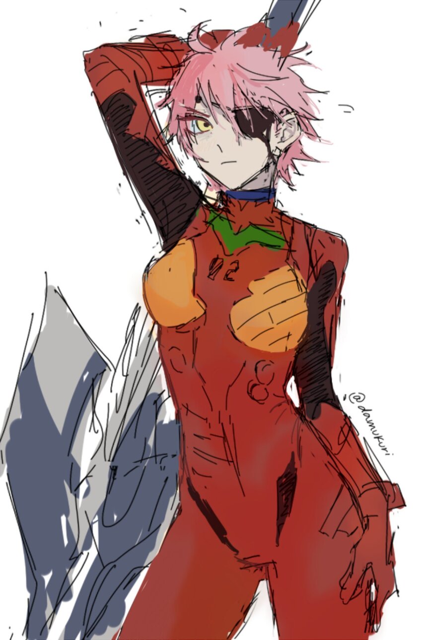 1girl alien_stage arm_up commentary cosplay cowboy_shot damukuri english_commentary eyepatch highres holding holding_weapon mecha_pilot_suit mizi_(alien_stage) neon_genesis_evangelion pink_hair plugsuit_(evangelion) rebuild_of_evangelion serious short_hair simple_background sketch solo souryuu_asuka_langley souryuu_asuka_langley_(cosplay) spear_of_cassius weapon white_background yellow_eyes