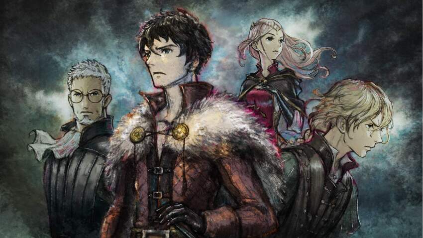 1girl 3boys benedict_pascal black_gloves black_hair blonde_hair cape capelet closed_mouth diadem frederica_aesfrost fur_capelet glasses gloves hand_on_own_chest highres ikusy long_hair looking_afar multiple_boys official_art pink_hair roland_glenbrook serenoa_wolffort short_hair standing sword_hilt triangle_strategy upper_body white_hair