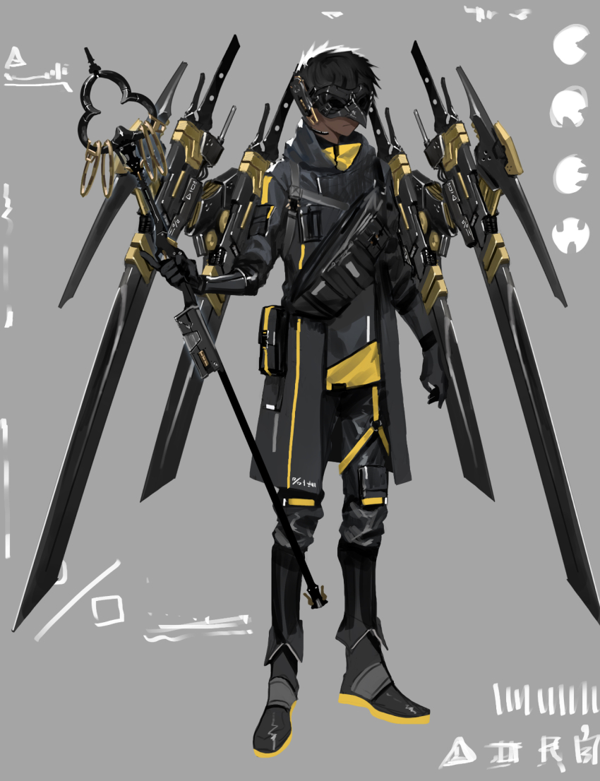 1boy black_eyes black_gloves black_hair boots dark-skinned_male dark_skin gloves grey_background highres holding holding_staff ishida_(segu_ishida) looking_ahead male_focus mask mecha_danshi open_hand original scabbard science_fiction sheath sheathed staff sword thigh_strap weapon