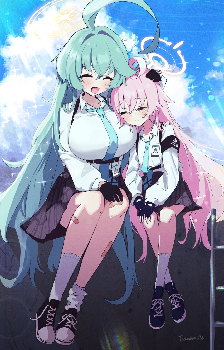 absurdres age_difference armband bandaid bandaid_on_leg blue_archive blue_hair blue_sky breasts closed_eyes cloud halo hand_on_another&#039;s_head highres hoshino_(blue_archive) large_breasts light_rays long_hair necktie onee-loli pink_hair red_armband shoes sitting skirt sky smile sneakers socks sparkle sparkling_aura tearing_up thomason366 white_socks yume_(blue_archive) yuri