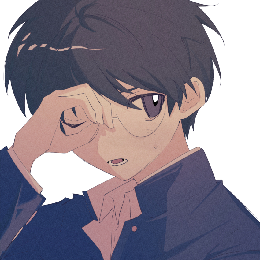 1boy black_eyes black_hair circle_hands gakuran glasses highres ii_nkmk long_sleeves looking_to_the_side male_focus one_eye_closed open_mouth portrait school_uniform semi-rimless_eyewear shirt short_hair solo sweatdrop tohno_shiki tsukihime white_background