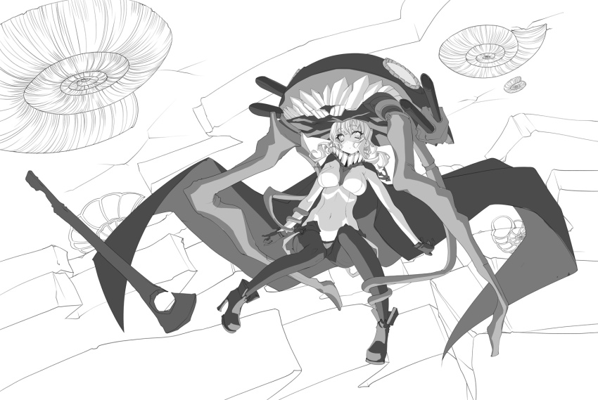 10s 1girl abyssal_ship ammonite bodysuit breasts cape female_focus gloves greyscale highres kantai_collection large_breasts lineart long_hair monochrome personification sakuya_tsuitachi solo wo-class_aircraft_carrier
