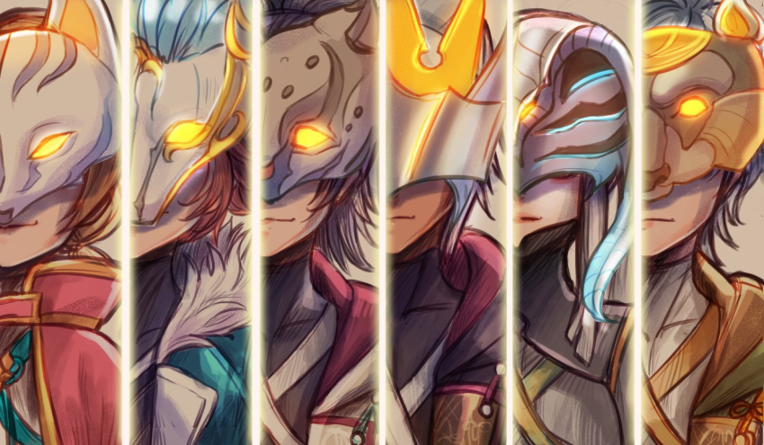 2girls 4boys black_hair blonde_hair blue_hair bragi_(kingdom_hearts) coat commentary dark_skin eraqus everyone fur_trim glowing helmet hermod_(kingdom_hearts) high_collar hood jacket kingdom_hearts kingdom_hearts_dark_road kingdom_hearts_x long_hair mask multiple_boys multiple_girls orange_hair short_hair tagme urd_(kingdom_hearts) vor_(kingdom_hearts) white_hair xehanort aged_down