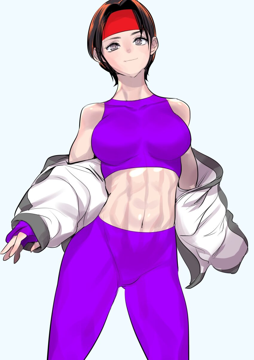 1girl abs breasts brown_eyes brown_hair closed_mouth dytm fingerless_gloves gloves headband highres looking_at_viewer muscular muscular_male navel red_headband ryuuko_no_ken short_hair simple_background smile solo the_king_of_fighters white_background yuri_sakazaki
