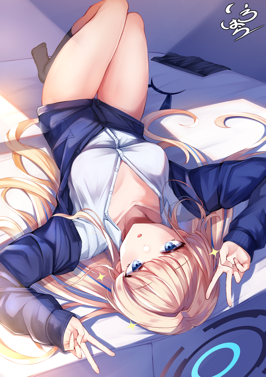 1girl animal_ear_hairband animal_ears black_socks blonde_hair blue_archive blue_eyes blue_hairband blue_jacket blue_skirt blunt_bangs blush double_v fake_animal_ears hairband highres irohara jacket long_hair looking_at_viewer lying no_pants on_back rabbit_ear_hairband rabbit_ears shirt sidelocks skirt socks solo sparkle toki_(blue_archive) unworn_hairband unworn_skirt v white_shirt