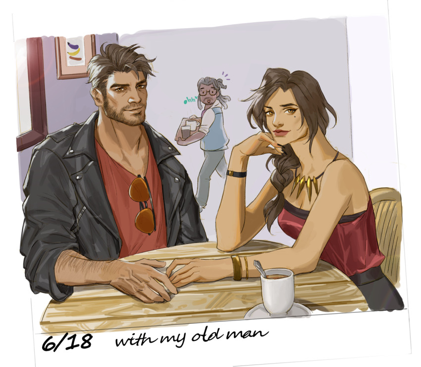 1girl 2boys alleveolive arm_hair beard black_hair black_jacket bracelet brown_eyes brown_hair commentary cup dark-skinned_male dark_skin dated dream_daddy:_a_dad_dating_simulator english_commentary facial_hair father_and_daughter holding holding_tray jacket jewelry leather leather_jacket lipstick looking_at_viewer makeup matt_sella mature_male mole mole_under_eye multiple_boys necklace red_shirt robert_small shirt sitting sunglasses table tray unworn_eyewear val_small