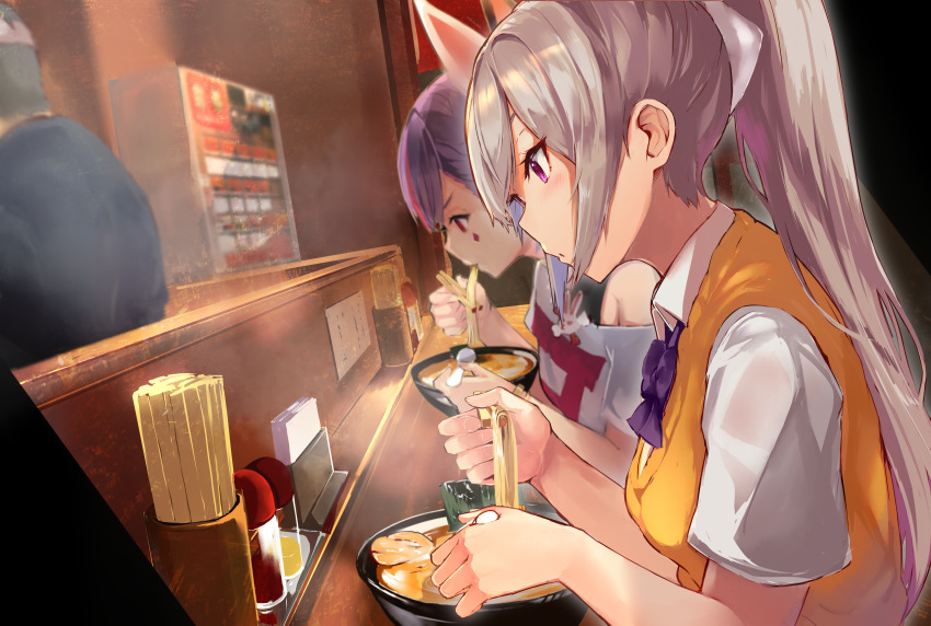 1boy 2girls absurdres chopsticks eating extra food highres higuchi_kaede long_hair multiple_girls nashimisaki_futakotamagawa nijisanji noodles ponytail prismplus purple_eyes purple_hair ramen restaurant silver_hair slice_of_life tenjin_kotone virtual_youtuber
