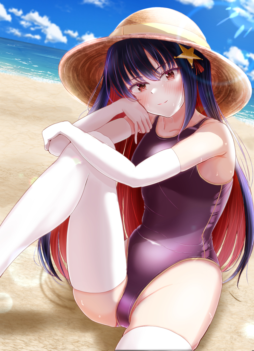 1girl beach black_hair blue_sky charomi cloud colored_inner_hair commission competition_swimsuit cowboy_shot day elbow_gloves gloves grey_one-piece_swimsuit hair_ornament highres horizon long_hair looking_at_viewer multicolored_hair ocean one-piece_swimsuit outdoors red_eyes red_hair school_uniform shichiyou_mitsuru skeb_commission sky smile solo star_(symbol) star_hair_ornament station_memories swimsuit thighhighs white_gloves white_thighhighs