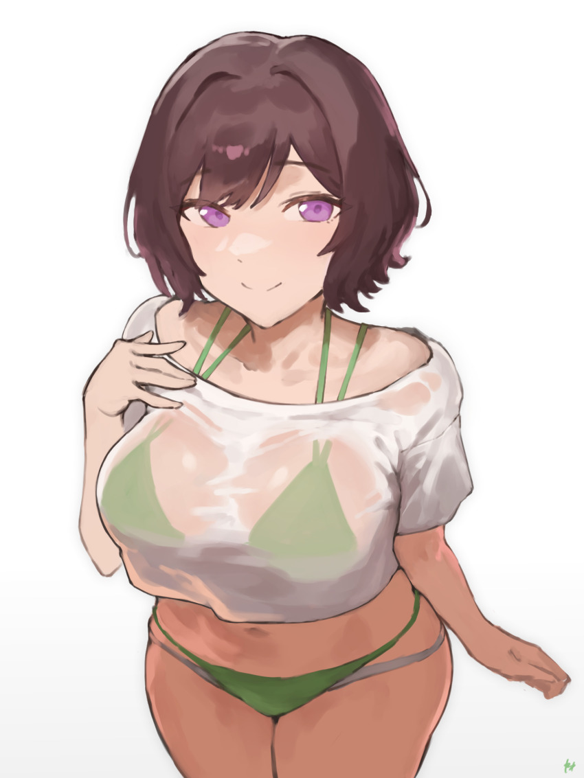 1girl bikini bikini_under_clothes breasts brown_hair cropped_shirt fukuya_art gakuen_idolmaster green_bikini highres idolmaster large_breasts looking_at_viewer navel neo_asari purple_eyes shirt short_hair simple_background smile solo swimsuit thighhighs thighs white_background white_shirt