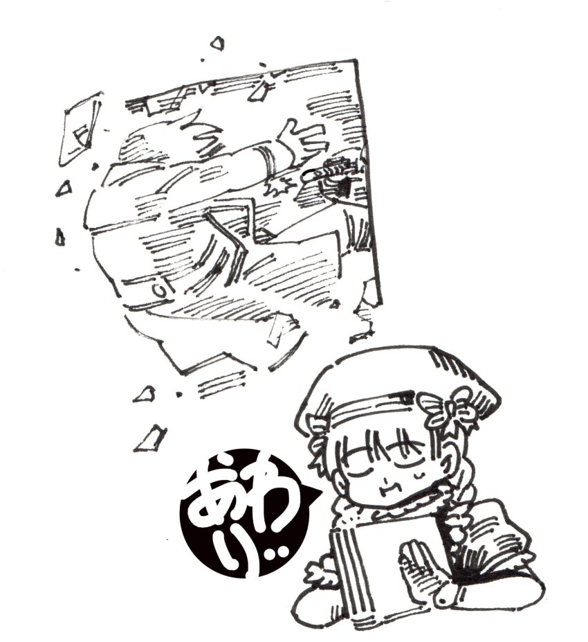 1boy 1girl beret book bow braid breaking_through_window closing_book coat commentary cropped_torso fate/grand_order fate_(series) floating_hair gloves greyscale hat hat_bow highres holding holding_book james_moriarty_(archer)_(fate) james_moriarty_(chaldea_special_investigation_unit)_(fate) long_hair long_sleeves low_twin_braids monochrome multiple_hat_bows mushroom_(osh320) nursery_rhyme_(fate) omake simple_background speech_bubble sweatdrop translation_request trench_coat twin_braids window