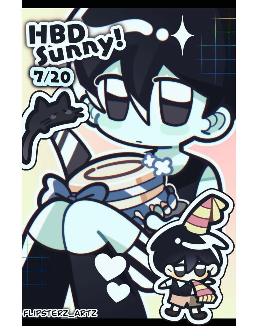 2boys animal bare_shoulders black_cat black_eyes black_hair black_shoes black_shorts black_sweater_vest black_tank_top blue_bow bow brown_shorts cake cat chibi chibi_inset chromatic_aberration colored_skin commentary dated deformed double-parted_bangs dual_persona english_commentary feet_out_of_frame flipsterzartz flower food hair_behind_ear hair_between_eyes happy_birthday hat heart highres holding holding_knife holding_plate instagram_username knees_together_feet_apart knees_up knife letterboxed male_focus mewo multiple_boys no_pupils omori omori_(omori) outline party_hat party_horn plate shirt shoes short_hair short_sleeves shorts sparkle striped_clothes striped_shorts sunny_(omori) sweater_vest tank_top two-tone_shorts vertical-striped_clothes vertical-striped_shorts very_short_hair white_flower white_outline white_shirt white_shorts white_skin
