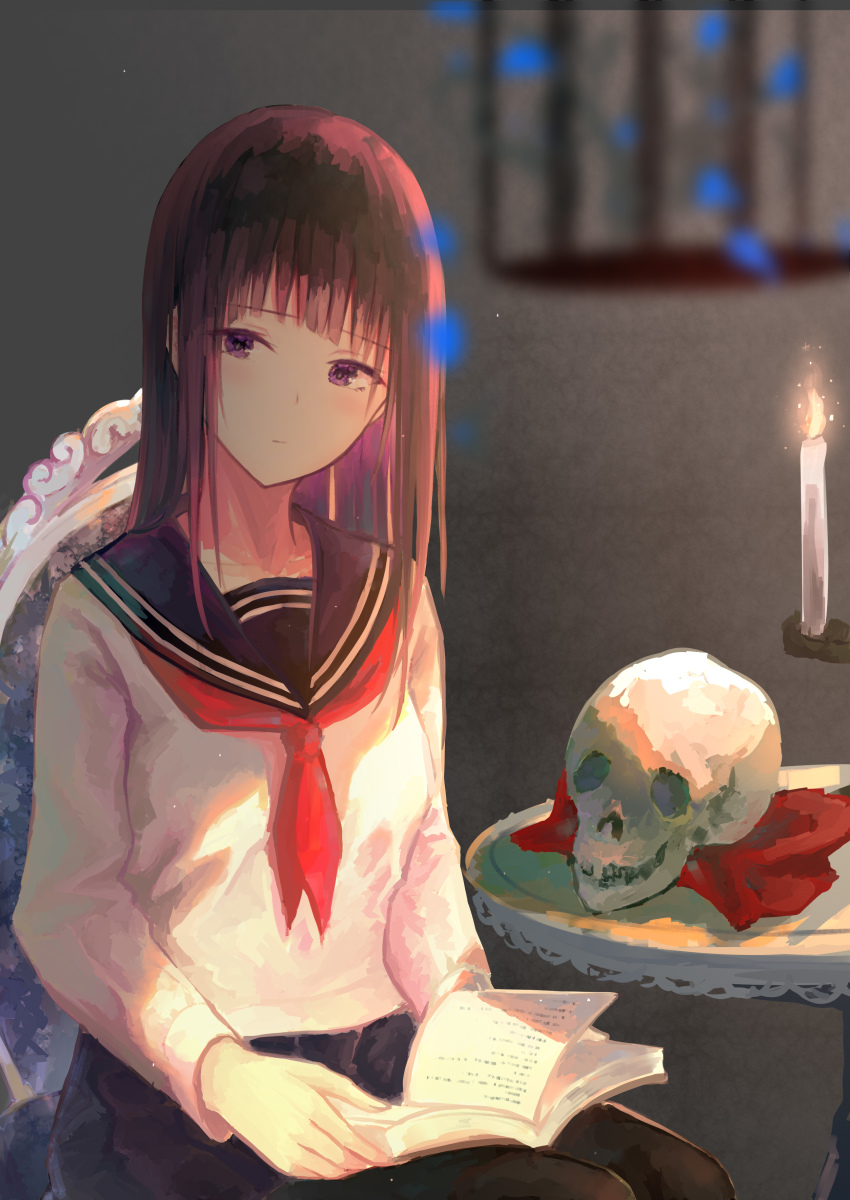 1girl :| absurdres birdcage black_hair blue_sailor_collar blurry blurry_foreground book breasts cage candle chair closed_mouth commentary_request fire highres kayakooooo light long_hair long_sleeves looking_at_viewer neckerchief open_book original purple_eyes red_neckerchief sailor_collar school_uniform serafuku shirt sitting skull small_breasts solo straight_hair table white_shirt