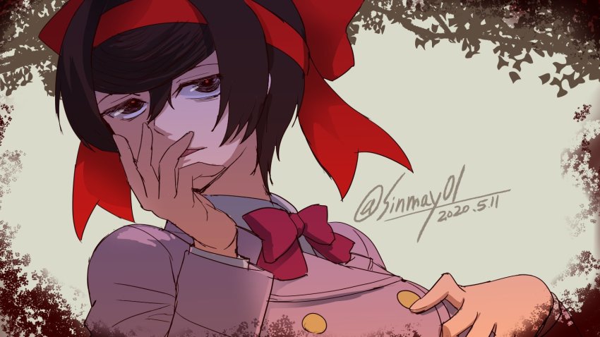 1girl black_eyes black_hair bow dated female_focus girls_und_panzer girls_und_panzer_ribbon_no_musha hair_bow highres large_bow red_bow school_uniform shinmai_(kyata) short_hair solo tatenashi_high_school_uniform tsuruki_shizuka twitter_username upper_body