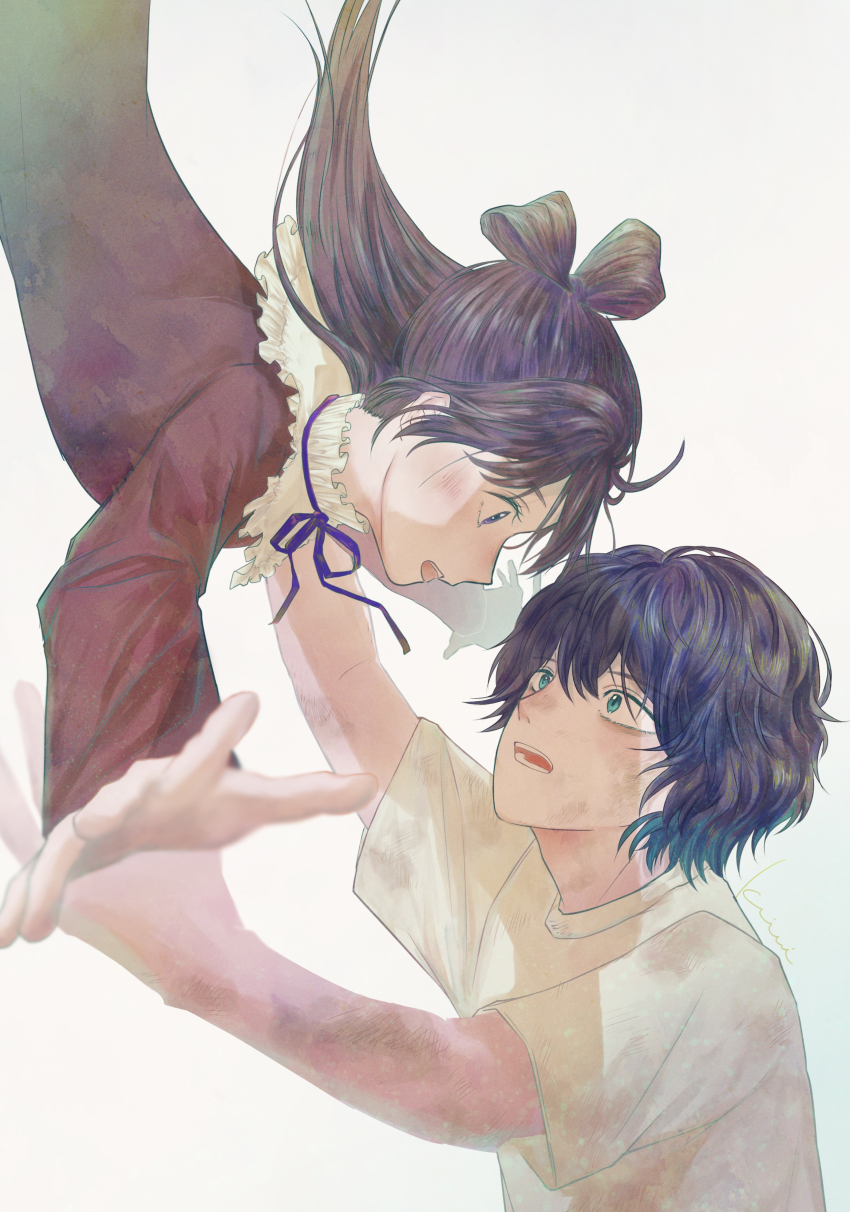 1boy 1girl :d absurdres black_hair blue_eyes brown_dress dress eye_contact falling highres kiminohatake long_hair looking_at_another magami_keigo miyao_nemu open_mouth purple_ribbon ribbon shirt simple_background smile white_background white_shirt witch_watch