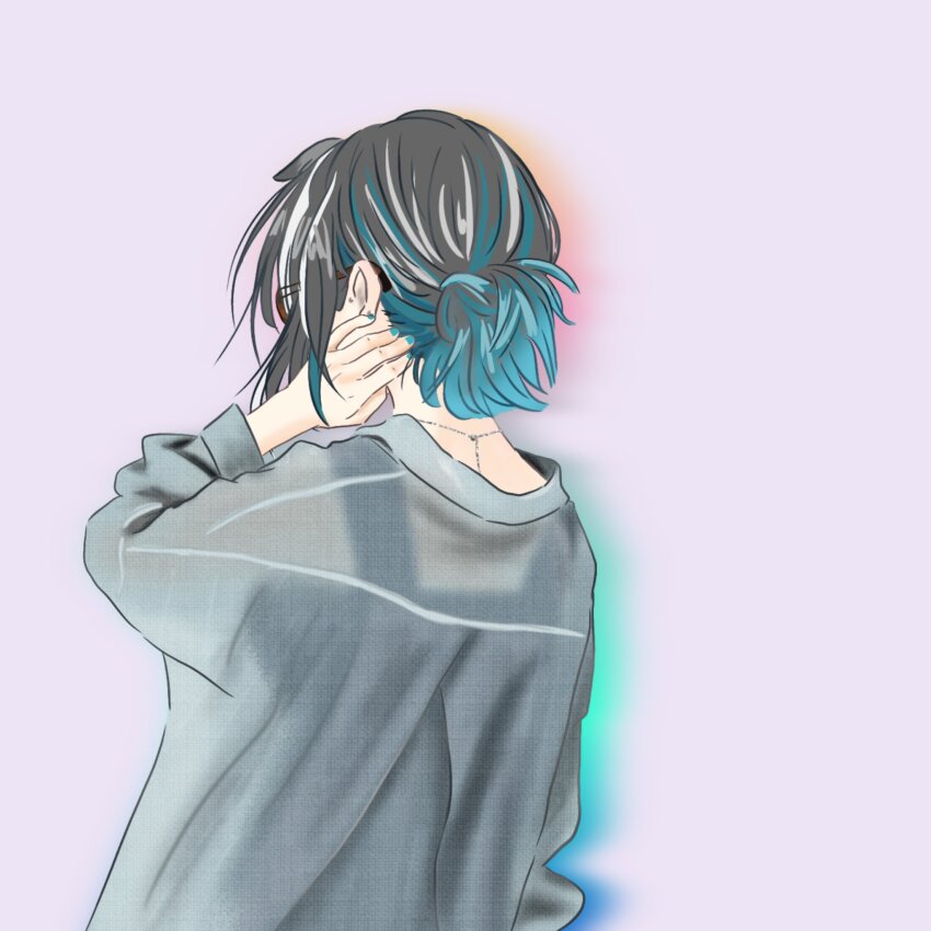1girl alternate_costume blue_nails brown-framed_eyewear chihare_amano commentary_request fingernails folded_ponytail from_behind glasses grey_background grey_sweater hand_on_own_neck highres long_sleeves nanashi_inc. nape oura_rukako short_hair simple_background solo sweater upper_body virtual_youtuber