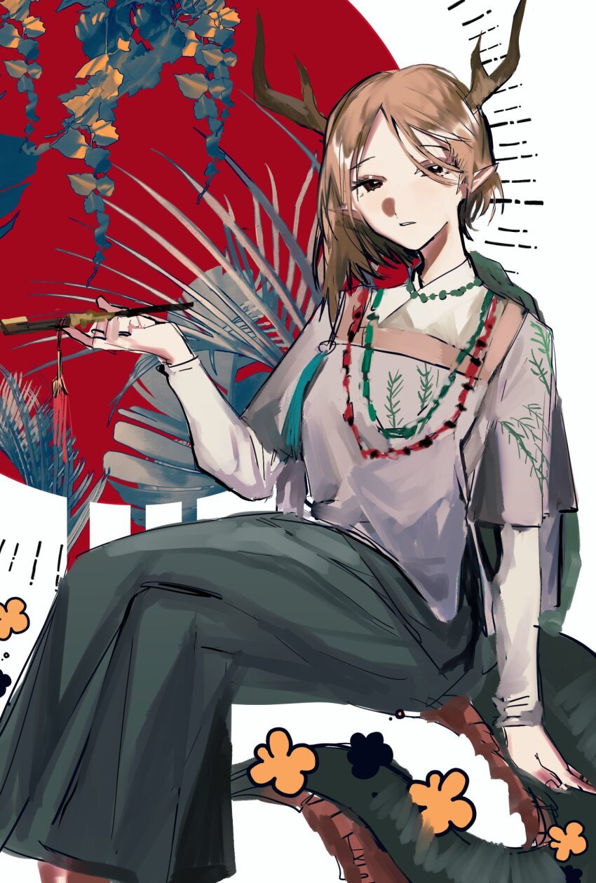 1girl antlers blonde_hair blue_shirt dragon_girl dragon_horns dragon_tail green_scales green_skirt green_tail heinrich_(fernanderuddle) highres holding holding_smoking_pipe horns kicchou_yachie looking_at_viewer monster_girl pointy_ears scales shirt short_hair skirt smoking smoking_pipe solo square_neckline tail touhou turtle_shell yellow_horns