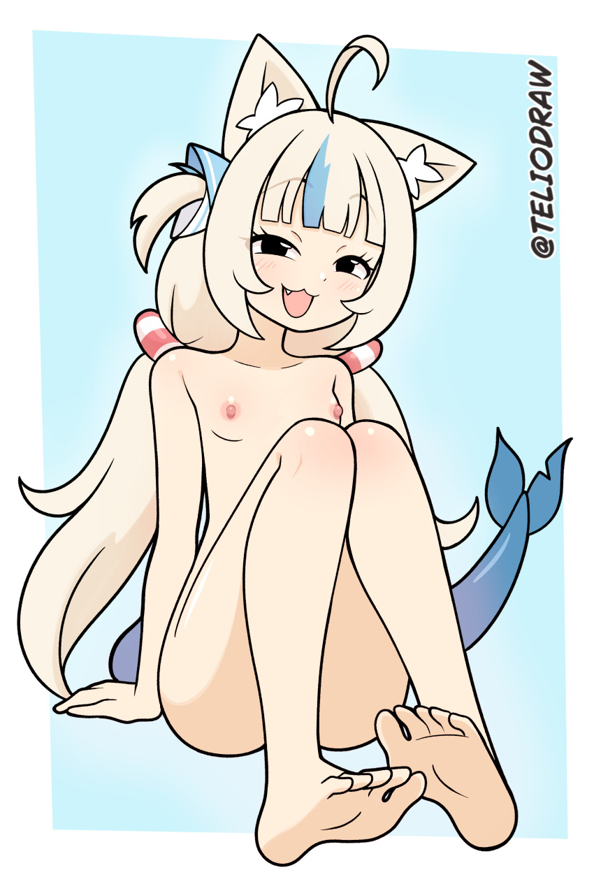 1girl absurdres barefoot blonde_hair breasts feet fins fish_tail gawr_gura highres hololive hololive_english indie_virtual_youtuber nude sameko_saba small_breasts soles tagme tail teliodraw toes virtual_youtuber
