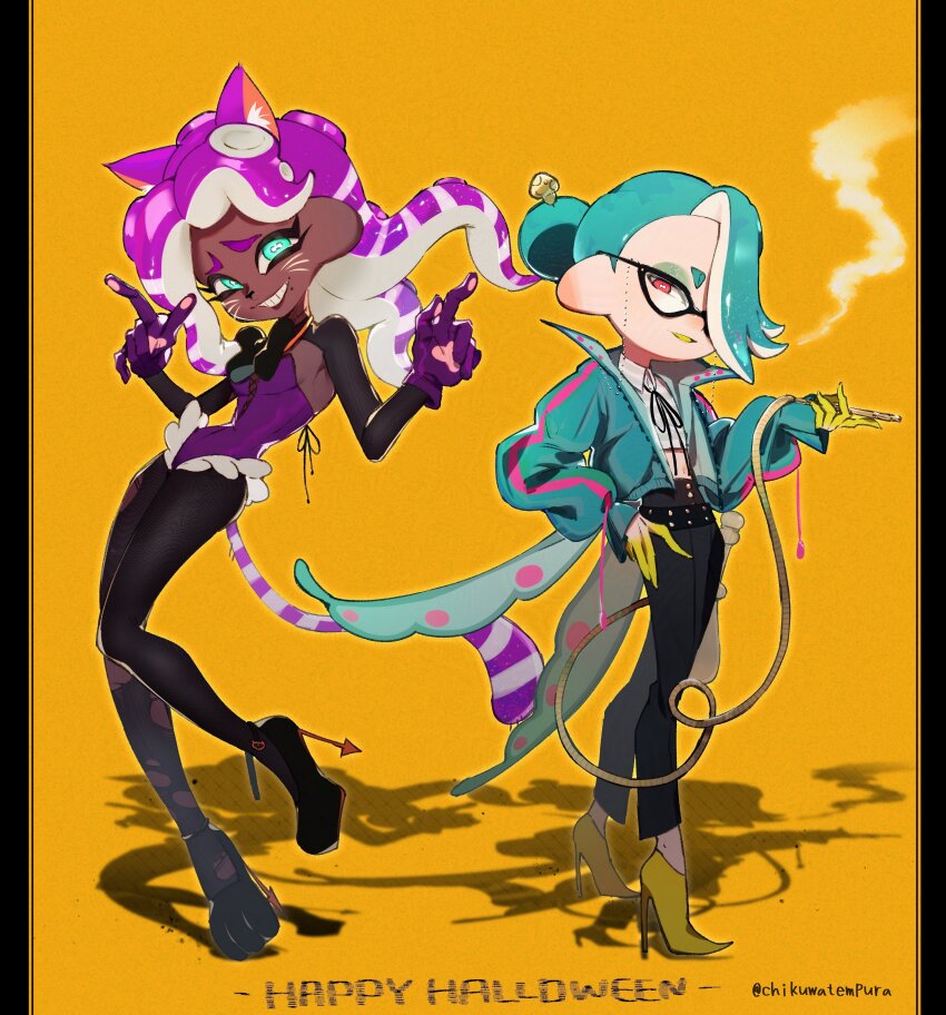 2girls absurdres alice&#039;s_adventures_in_wonderland animal_ear_fluff animal_ears animal_hands artist_name black-framed_eyewear black_bow black_bowtie black_footwear black_pants black_pantyhose black_ribbon black_shrug blue_eyes blue_hair blue_jacket bow bowtie breasts bright_pupils cat_ears cat_tail caterpillar_(alice_in_wonderland) caterpillar_(alice_in_wonderland)_(cosplay) cephalopod_eyes cheshire_cat_(alice_in_wonderland) cheshire_cat_(alice_in_wonderland)_(cosplay) chikuwa_tempura collared_shirt colored_tongue commentary commentary_request cosplay cropped_shirt dark-skinned_female dark_skin english_commentary extra_ears eyeshadow facial_mark full_body furrowed_brow glasses gloves glowing glowing_eyes green_eyeshadow green_tongue grin hair_bun hair_over_one_eye happy_halloween high_heels highres hookah horizontal_pupils index_fingers_raised jacket kemonomimi_mode leotard long_hair long_sleeves makeup marina_(splatoon) mixed-language_commentary mole mole_under_mouth multicolored_hair multiple_girls neck_ribbon nintendo octoling one_eye_covered open_mouth orange_background pants pantyhose parted_bangs paw_gloves purple_gloves purple_hair purple_leotard purple_tail red_eyes ribbon shirt shiver_(splatoon) shoes short_hair shrug_(clothing) simple_background single_hair_bun smile smoking splatoon_(series) standing standing_on_one_leg striped_hair striped_tail suction_cups tail tentacle_hair torn_clothes torn_pantyhose two-tone_hair two-tone_tail whisker_markings white_hair white_pupils white_shirt white_tail yellow_shoes