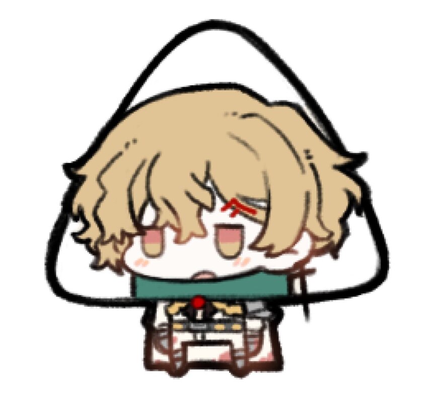1boy ascot black_ascot blonde_hair chibi cross cross_earrings earrings food full_body jacket jewelry limbus_company onigiri open_mouth pants project_moon simple_background sinclair_(project_moon) solo white_background white_jacket white_pants yellow_eyes zeremi0102