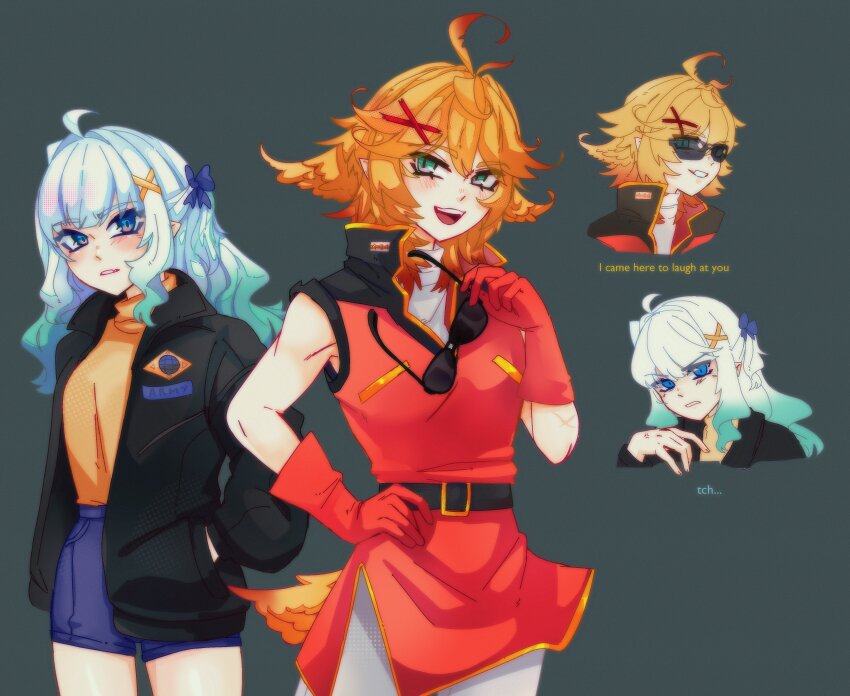 2girls absurdres ahoge amuro_ray amuro_ray_(cosplay) aqua_eyes aqua_hair belt black_belt black_jacket blonde_hair blue_eyes blue_shorts cosplay cowboy_shot dokibird_(vtuber) english_text frown gads_koookwee gloves gradient_hair grey_background gundam hair_ornament hairclip hand_on_own_hip hands_in_pockets highres i_came_here_to_laugh_at_you_(meme) indie_virtual_youtuber jacket long_hair medium_hair meme mint_fantome multicolored_hair multiple_girls multiple_views open_mouth orange_shirt pants parted_lips quattro_bajeena quattro_bajeena_(cosplay) red_gloves red_jacket shirt shorts sleeveless sleeveless_shirt smile sunglasses tail virtual_youtuber white_hair white_pants zeta_gundam