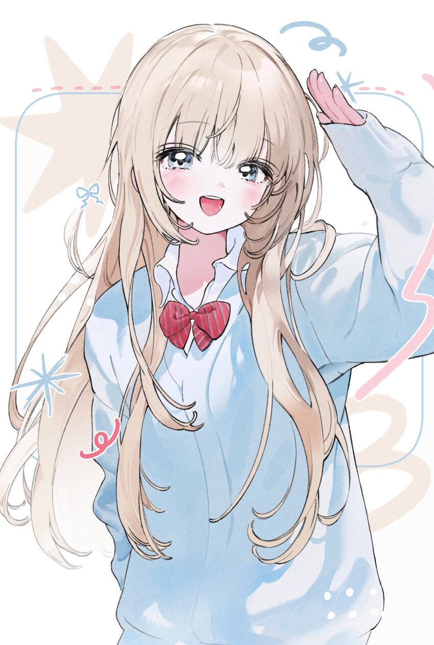 1girl arm_behind_back arm_up blonde_hair blue_eyes bow bowtie hand_to_head highres long_hair looking_at_viewer open_mouth original red_bow red_bowtie shirt sidelocks sil435 sleeves_past_wrists smile solo sparkle striped_bow striped_bowtie striped_clothes teeth upper_body upper_teeth_only white_background white_shirt