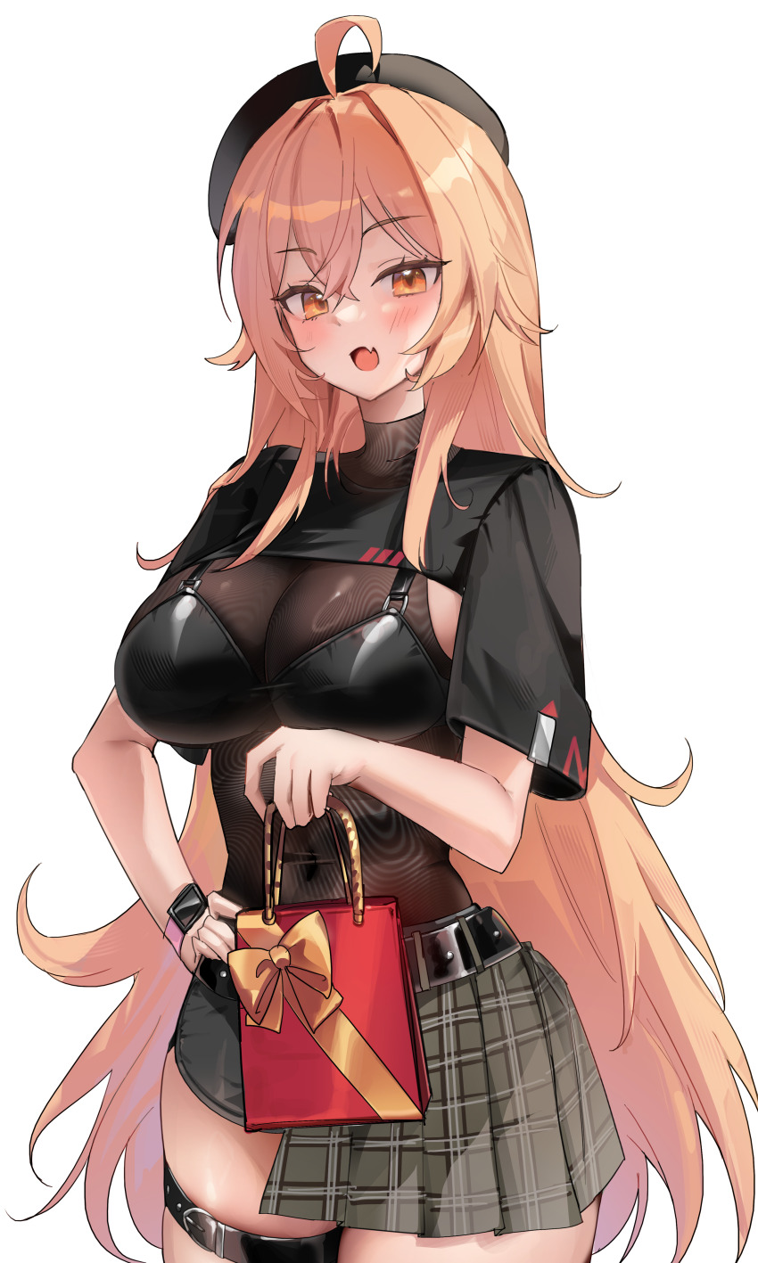 1girl absurdres ahoge belt beret bikini bikini_top_only black_bikini black_hat black_shrug blonde_hair bodysuit breasts brown_bodysuit cleavage commission cowboy_shot dalgyal fang grey_skirt hat highres kwon_latte large_breasts long_hair looking_at_viewer love_delivery miniskirt open_mouth orange_eyes pleated_skirt see-through_cleavage see-through_clothes short_sleeves shrug_(clothing) simple_background skirt smile solo standing swimsuit very_long_hair white_background