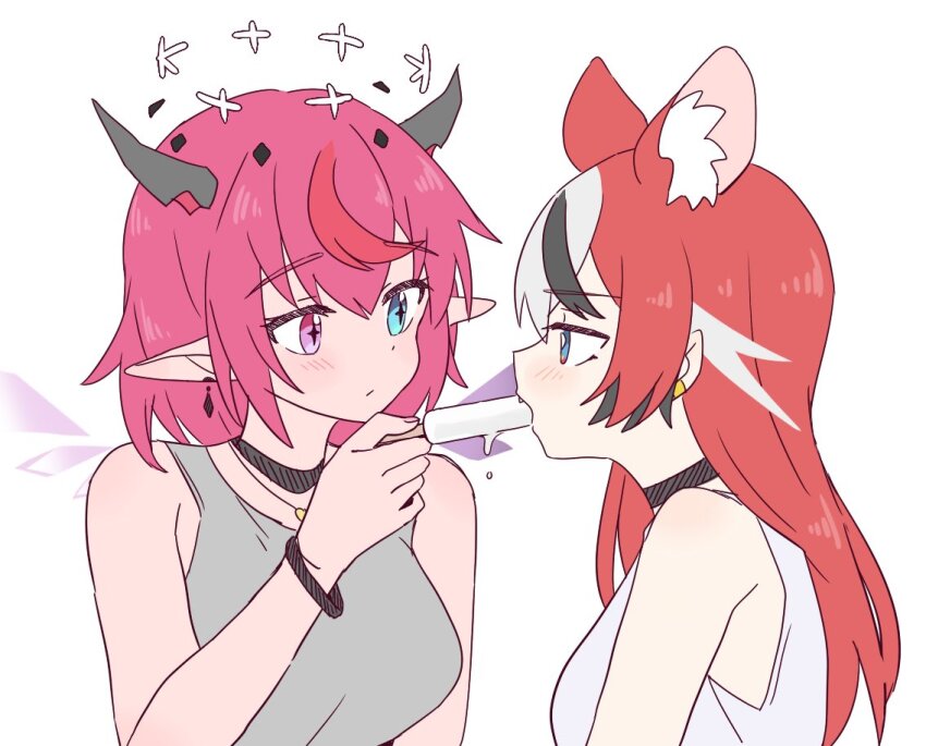 2girls animal_ears black_hair blue_eyes blush choker feeding food food_in_mouth hakos_baelz halo heterochromia holding holding_food holding_popsicle hololive hololive_english horns irys_(hololive) long_hair mouse_ears mouse_girl multicolored_hair multiple_girls pink_hair pointy_ears popsicle ramphastostella red_hair simple_background sleeveless streaked_hair virtual_youtuber white_background white_hair yuri