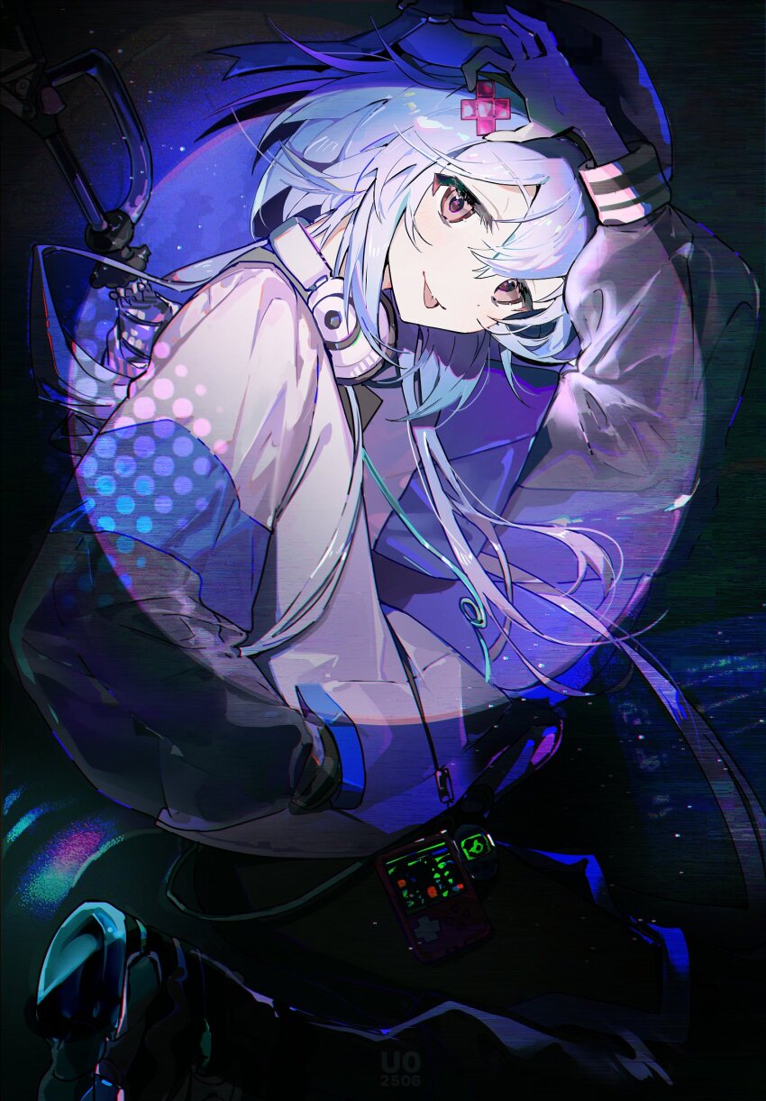 1boy :p arknights blue_hair closed_mouth commentary headphones headphones_around_neck highres male_focus mizuki_(arknights) pink_eyes short_hair short_hair_with_long_locks solo tongue tongue_out xing_(gloryxing)