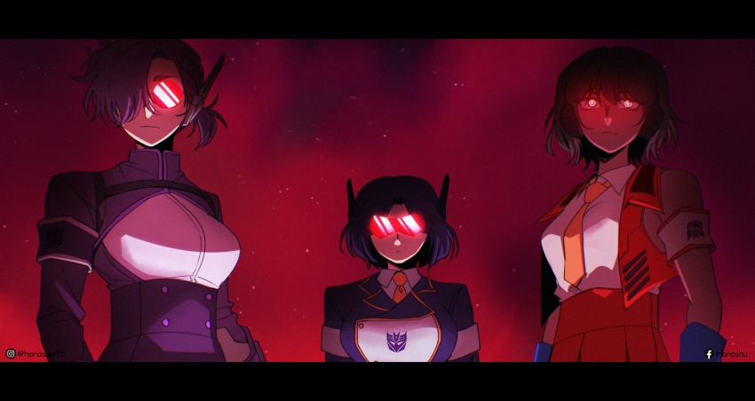 3girls black_hair decepticon genderswap genderswap_(mtf) glasses glowing glowing_eyes harashu_(harashu96) highres kotobukiya_bishoujo multiple_girls red_eyes red_visor shockwave_(transformers) soundwave_(transformers) starscream starscream_(kotobukiya_bishoujo) tan transformers transformers_one