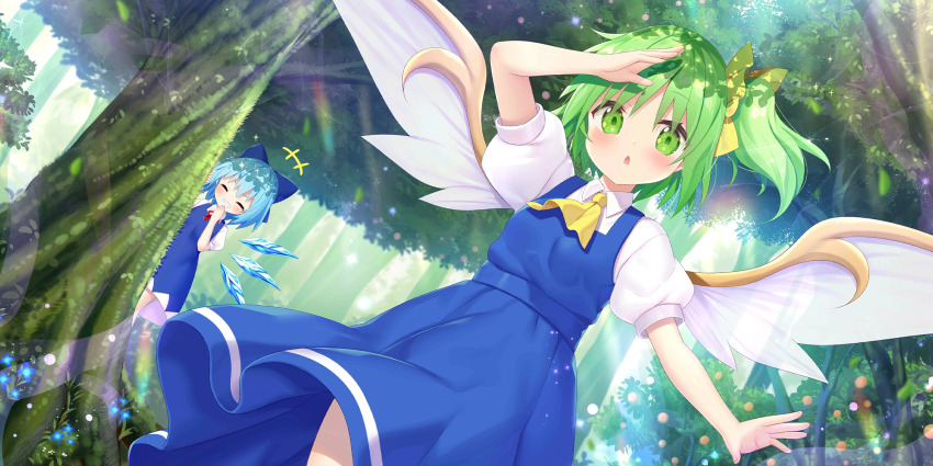 +++ 2girls ascot bamboo bamboo_forest blue_bow blue_dress blue_hair blue_skirt blue_vest blush bow cirno closed_eyes collared_shirt commentary daiyousei detached_wings dress english_commentary fairy fairy_wings forest game_cg green_eyes green_hair grin hair_bow highres ice ice_wings multiple_girls nature official_art open_mouth outdoors pinafore_dress puffy_short_sleeves puffy_sleeves shirt short_sleeves skirt sleeveless sleeveless_dress smile third-party_source touhou touhou_lostword tree vest white_shirt wings yano_mitsuki_(nanairo) yellow_ascot