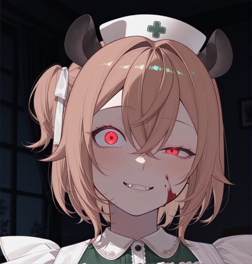 1girl alternate_eye_color animal_ears blood brown_hair close-up commentary contrast_collar cross crossed_bangs dress english_commentary evil_grin evil_smile fangs green_dress grin hair_between_eyes hair_intakes hair_ribbon half-closed_eye hat highres horror_(theme) indie_virtual_youtuber indoors looking_at_viewer medium_hair night nimi_nightmare nurse nurse_cap one_side_up portrait raliele_(terenazal) red_eyes ribbon rounded_collar shaded_face sidelighting smile solo tapir tapir_ears tapir_girl teeth virtual_youtuber white_ribbon