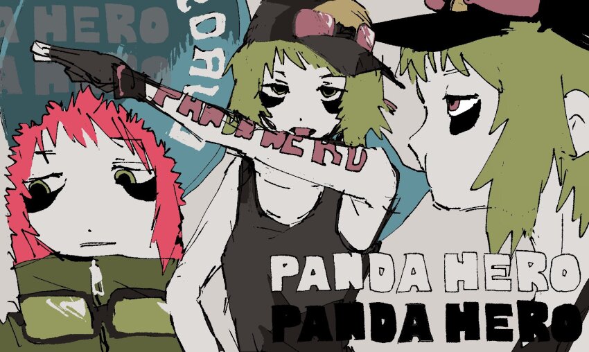 1girl alternate_costume arm_tattoo baseball_cap black_tank_top blowing_bubbles chewing_gum closed_mouth coat commentary english_text eye_black fur-trimmed_hood fur_trim goggles goggles_around_neck goggles_on_headwear green_coat green_eyes green_hair gumi hat henshin_pose highres hood hood_up hooded_coat looking_at_viewer looking_down mol_(molmol_neco) multiple_views open_mouth outstretched_arm panda_hero_(vocaloid) short_hair simple_background song_name tank_top tattoo tongue tongue_out vocaloid