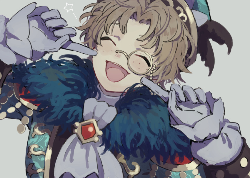 1boy :d brown_hair ascot epaulettes closed_eyes facing_viewer finger_to_cheek freckles fur_trim gloves gumegume hat head_tilt identity_v male_focus mike_morton monocle official_alternate_costume open_mouth pointing pointing_at_self short_hair simple_background smile solo star_(symbol) white_background white_gloves