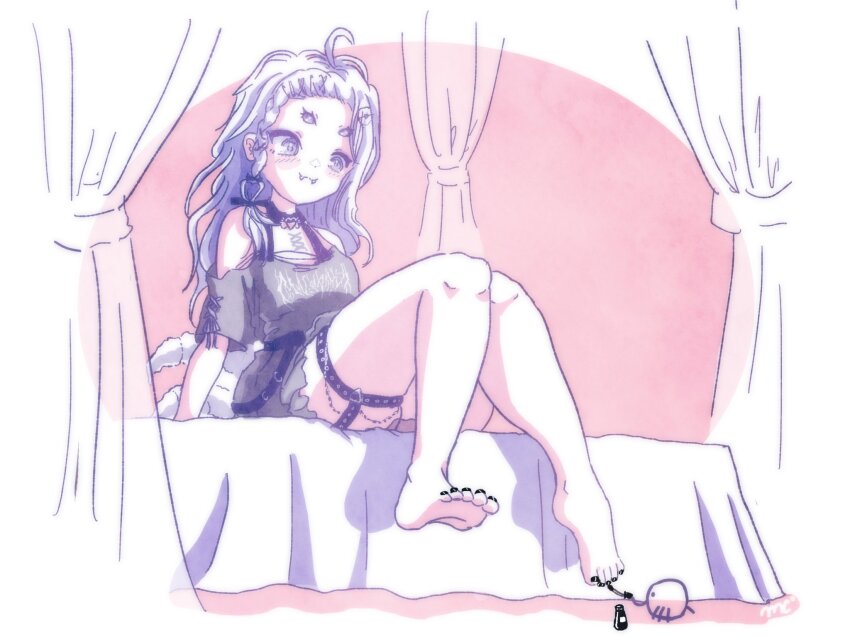 1girl :3 amiya_aranha amiya_aranha_(2nd_costume) applying_pedicure arthropod_limbs bed black_shirt black_skirt bucko_(amiya_aranha) bug commentary cowlick curtains detached_collar domestic_haaton_#1013 english_commentary extra_eyes extra_legs fangs fangs_out hair_behind_ear highres indie_virtual_youtuber long_hair nail_polish official_alternate_costume on_bed painting_nails painting_toenails purple_eyes shirt sitting skirt smile solo spider thigh_strap virtual_youtuber