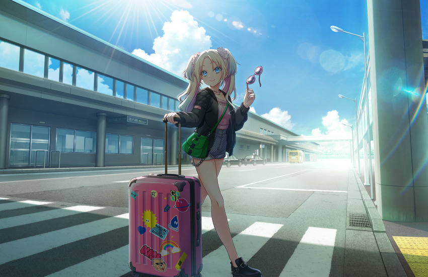 1girl airport bag black_jacket black_shoes blonde_hair blue_eyes blue_hair blue_sky checkered_clothes checkered_shorts closed_mouth cloud collarbone crosswalk cumulonimbus_cloud flower game_cg gradient_hair green_bag grey_shorts hair_flower hair_ornament high-waist_shorts highres holding holding_removed_eyewear holding_suitcase jacket komatsu_airport lamppost leather leather_jacket lens_flare light_blue_hair link!_like!_love_live! long_hair long_sleeves looking_to_the_side love_live! multicolored_hair official_art osawa_rurino osawa_rurino_(summer_casual) parted_bangs pink_flower pink_shirt real_world_location rolling_suitcase shirt shoes short_shorts shorts shoulder_bag sky smile solo suitcase sunglasses sunlight third-party_source twintails unworn_eyewear virtual_youtuber walking