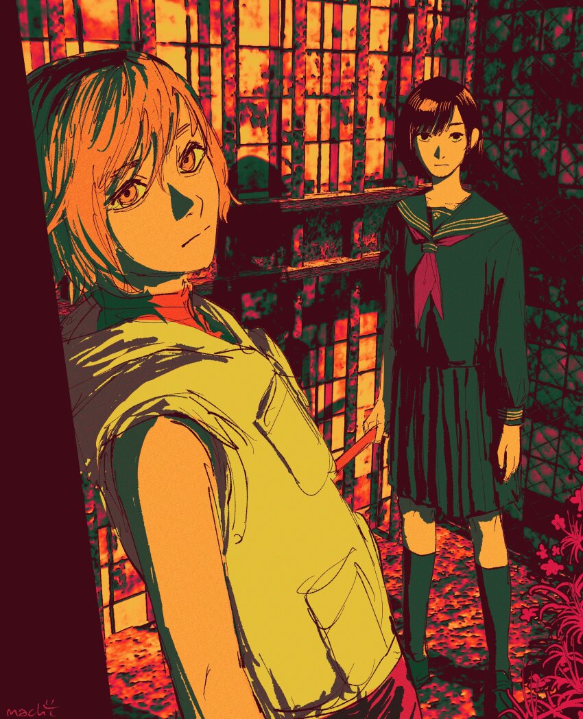 2girls absurdres against_wall black_hair blonde_hair heather_mason highres holding holding_lead_pipe hood hoodie in-franchise_crossover lead_pipe leaning looking_at_viewer machipachi1901 multiple_girls pleated_skirt sailor_collar school_uniform shimizu_hinako silent_hill_(series) silent_hill_3 silent_hill_f skirt sleeveless sleeveless_hoodie sleeveless_turtleneck turtleneck
