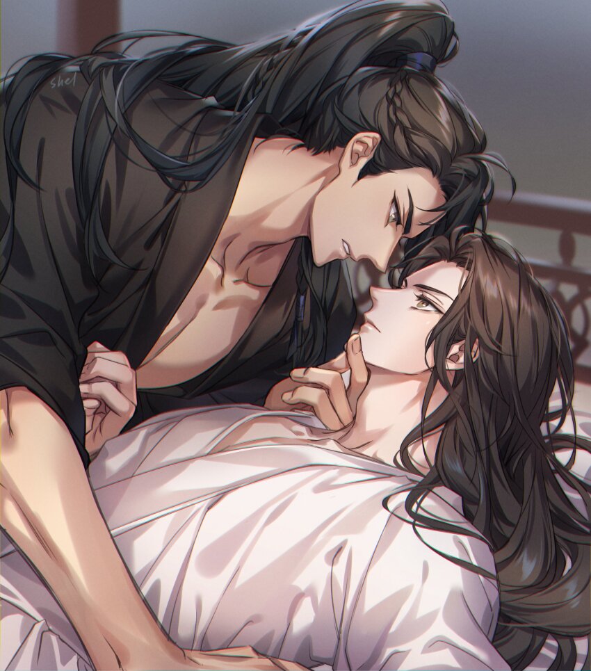 2boys absurdres adam&#039;s_apple black_hair black_hanfu braid brown_eyes brown_hair chinese_clothes closed_mouth collarbone eye_contact hand_on_another&#039;s_arm hand_on_another&#039;s_chin hanfu high_ponytail highres long_hair looking_at_another lying male_focus multiple_boys multiple_braids on_back on_bed open_clothes pectoral_cleavage pectorals ponytail qiang_jin_jiu shen_zechuan white_hanfu xiao_chiye yaoi zehel_az
