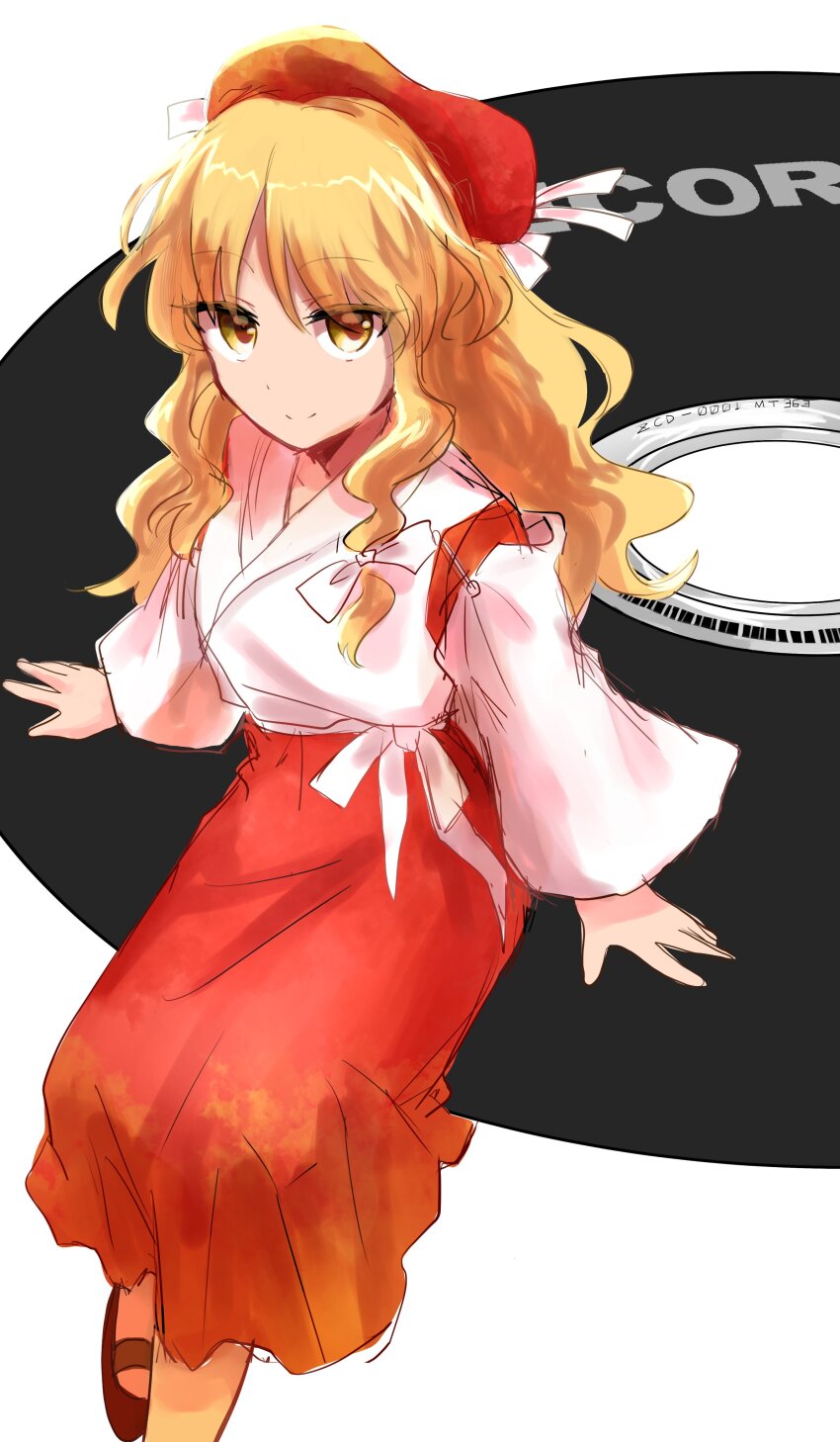 1girl absurdres beret blonde_hair bow cd closed_mouth detached_sleeves hair_bow happy hat highres hourai_girl_(touhou) japanese_clothes kimono long_hair long_sleeves looking_at_viewer mary_janes miko portrait_of_exotic_girls red_hat sabayomi_38 sash shoes single_sidelock sitting smile solo touhou wavy_hair white_bow white_kimono white_sash wide_sleeves yellow_eyes