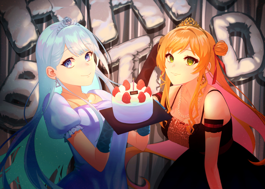 2girls ban_hada black_dress blue_eyes blue_gloves blue_hair breasts cake cleavage colored_inner_hair double_bun dress food gloves green_eyes hair_behind_ear hair_bun happy_birthday highres holding holding_tray jagijang jewelry korean_commentary long_hair looking_at_viewer looking_to_the_side medium_breasts multicolored_hair multiple_girls necklace nijisanji nijisanji_kr pearl_necklace pink_hair purple_dress seffyna tiara tray very_long_hair virtual_youtuber