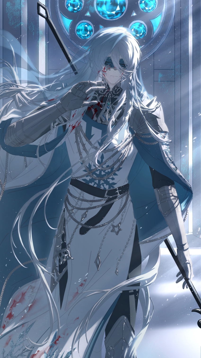 1boy absurdres aqua_cape armor belt black_pants black_sleeves blindfold blood blood_on_clothes blood_on_face braid cael_anselm cape closed_mouth colored_blindfold covered_eyes cowboy_shot facing_viewer floating_hair gauntlets hair_between_eyes highres holding holding_weapon indoors long_bangs long_hair lovebrush_chronicles male_focus pants pauldrons shoulder_armor sidelighting solo straight-on three-quarter_sleeves tunic variant_set very_long_hair walking weapon weapon_on_back white_hair yydxueqing