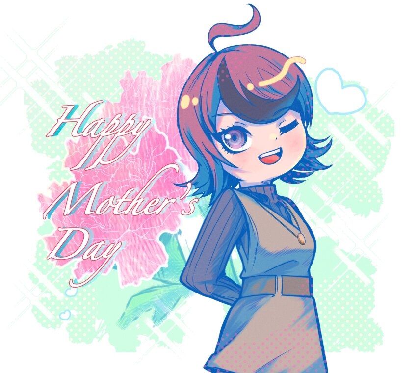 1girl ahoge blush english_text female_focus green_background highres mother&#039;s_day one_eye_closed open_mouth red_eyes solo_focus standing sumino_takumi&#039;s_mother teeth the_hundred_line_-last_defense_academy- upper_teeth_only white_background wink